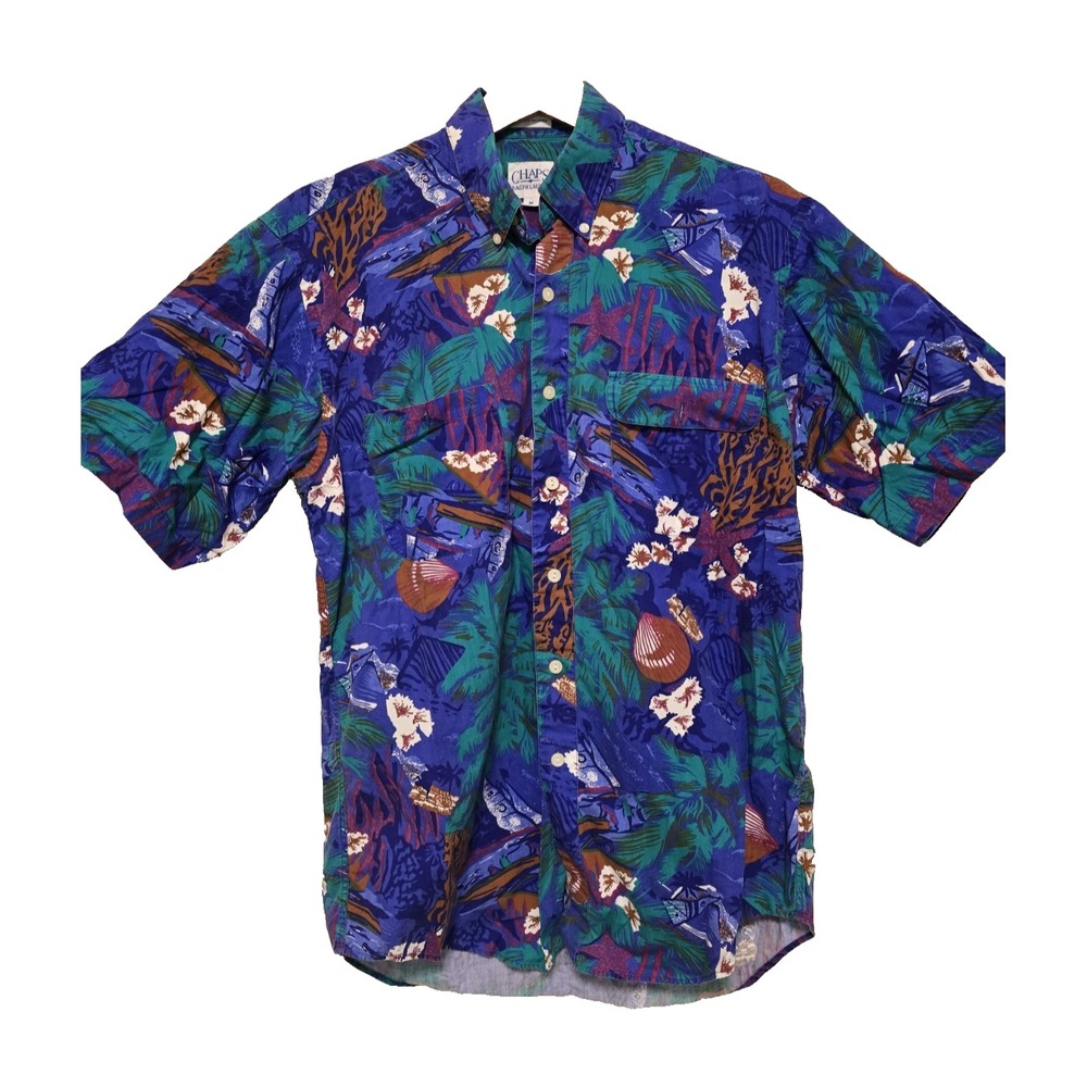 Vintage Chaps Ralph Lauren Hawaiian Camp Shirt Blue Tropical Cotton Mens‎ Medium